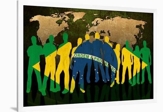 Brazil - Flag Style Of People Silhouettes And World Map Background-ilolab-Framed Art Print