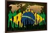 Brazil - Flag Style Of People Silhouettes And World Map Background-ilolab-Framed Art Print