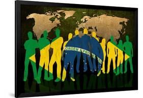 Brazil - Flag Style Of People Silhouettes And World Map Background-ilolab-Framed Art Print