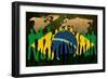 Brazil - Flag Style Of People Silhouettes And World Map Background-ilolab-Framed Art Print