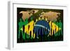 Brazil - Flag Style Of People Silhouettes And World Map Background-ilolab-Framed Art Print