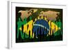Brazil - Flag Style Of People Silhouettes And World Map Background-ilolab-Framed Art Print
