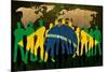 Brazil - Flag Style Of People Silhouettes And World Map Background-ilolab-Mounted Art Print