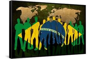 Brazil - Flag Style Of People Silhouettes And World Map Background-ilolab-Framed Stretched Canvas
