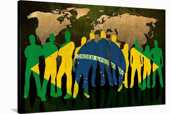 Brazil - Flag Style Of People Silhouettes And World Map Background-ilolab-Stretched Canvas