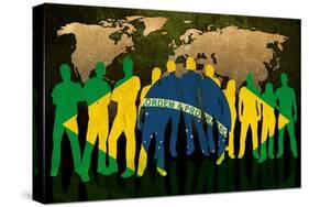 Brazil - Flag Style Of People Silhouettes And World Map Background-ilolab-Stretched Canvas