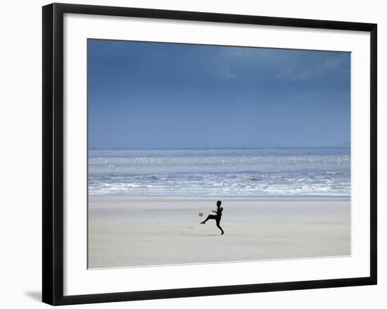 Brazil, Maranhao, Sao Luis, Sao Marcos Beach, Boy Playing Football on the Beach-Alex Robinson-Framed Photographic Print