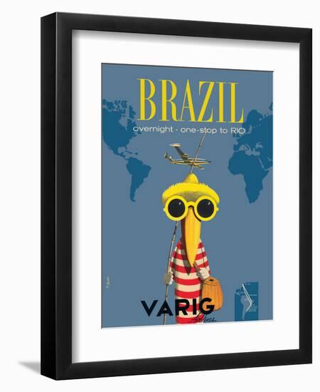 Brazil - Overnight One Stop to Rio de Janeiro - Varig Airlines, Vintage Travel Poster, 1950s-Francesco Petit-Framed Art Print