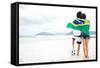 Brazil Soccer Fans Stand on Beach Together with Flag for World Cup with Ball-warrengoldswain-Framed Stretched Canvas