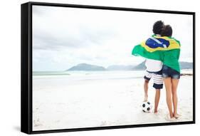 Brazil Soccer Fans Stand on Beach Together with Flag for World Cup with Ball-warrengoldswain-Framed Stretched Canvas