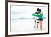 Brazil Soccer Fans Stand on Beach Together with Flag for World Cup with Ball-warrengoldswain-Framed Photographic Print