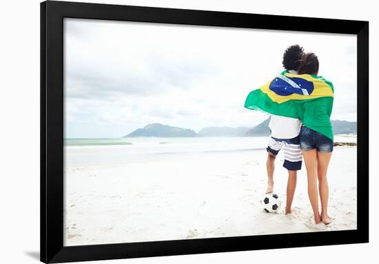 Brazil Soccer Fans Stand on Beach Together with Flag for World Cup with Ball-warrengoldswain-Framed Photographic Print