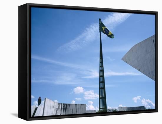 Brazilian Flag Fluttering, National Congress Building, Brasilia, Brazil-null-Framed Stretched Canvas