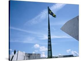 Brazilian Flag Fluttering, National Congress Building, Brasilia, Brazil-null-Stretched Canvas