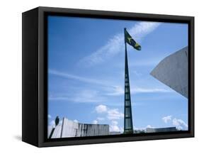 Brazilian Flag Fluttering, National Congress Building, Brasilia, Brazil-null-Framed Stretched Canvas