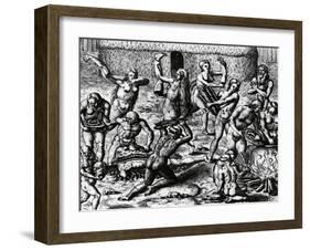 Brazilian Natives Cook and Eat Bodies of Slain Enemies, Engraving from Peregrinationes-Theodor de Bry-Framed Giclee Print