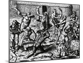 Brazilian Natives Cook and Eat Bodies of Slain Enemies, Engraving from Peregrinationes-Theodor de Bry-Mounted Giclee Print