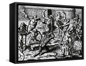 Brazilian Natives Cook and Eat Bodies of Slain Enemies, Engraving from Peregrinationes-Theodor de Bry-Framed Stretched Canvas