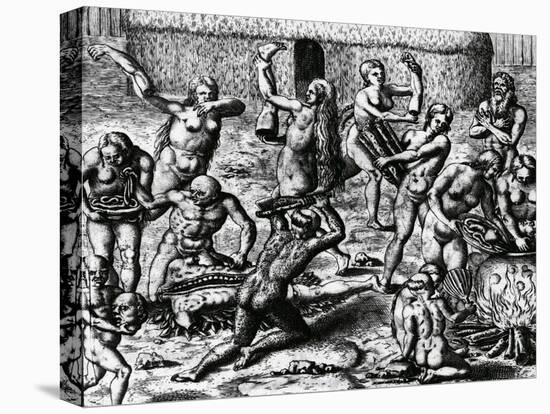 Brazilian Natives Cook and Eat Bodies of Slain Enemies, Engraving from Peregrinationes-Theodor de Bry-Stretched Canvas