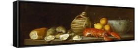 Bread, Oysters, a Chianti Flask, a Lobster, Lemons, Oranges and Glasses in a Porcelain Bowl on a…-Jacob Bogdany-Framed Stretched Canvas