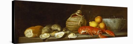 Bread, Oysters, a Chianti Flask, a Lobster, Lemons, Oranges and Glasses in a Porcelain Bowl on a…-Jacob Bogdany-Stretched Canvas