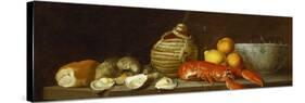 Bread, Oysters, a Chianti Flask, a Lobster, Lemons, Oranges and Glasses in a Porcelain Bowl on a…-Jacob Bogdany-Stretched Canvas