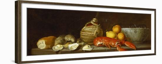 Bread, Oysters, a Chianti Flask, a Lobster, Lemons, Oranges and Glasses in a Porcelain Bowl on a…-Jacob Bogdany-Framed Premium Giclee Print