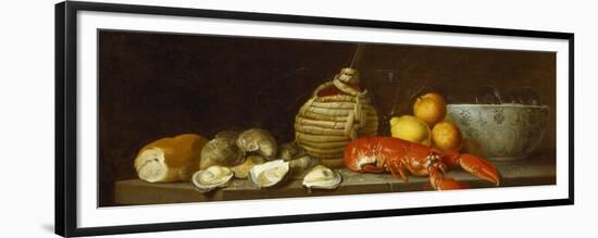 Bread, Oysters, a Chianti Flask, a Lobster, Lemons, Oranges and Glasses in a Porcelain Bowl on a…-Jacob Bogdany-Framed Premium Giclee Print