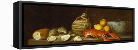 Bread, Oysters, a Chianti Flask, a Lobster, Lemons, Oranges and Glasses in a Porcelain Bowl on a…-Jacob Bogdany-Framed Stretched Canvas