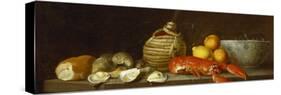 Bread, Oysters, a Chianti Flask, a Lobster, Lemons, Oranges and Glasses in a Porcelain Bowl on a…-Jacob Bogdany-Stretched Canvas