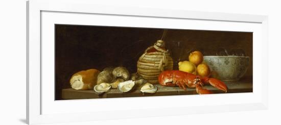 Bread, Oysters, a Chianti Flask, a Lobster, Lemons, Oranges and Glasses in a Porcelain Bowl on a…-Jacob Bogdany-Framed Giclee Print