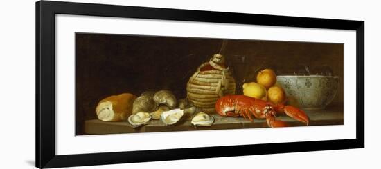 Bread, Oysters, a Chianti Flask, a Lobster, Lemons, Oranges and Glasses in a Porcelain Bowl on a…-Jacob Bogdany-Framed Giclee Print