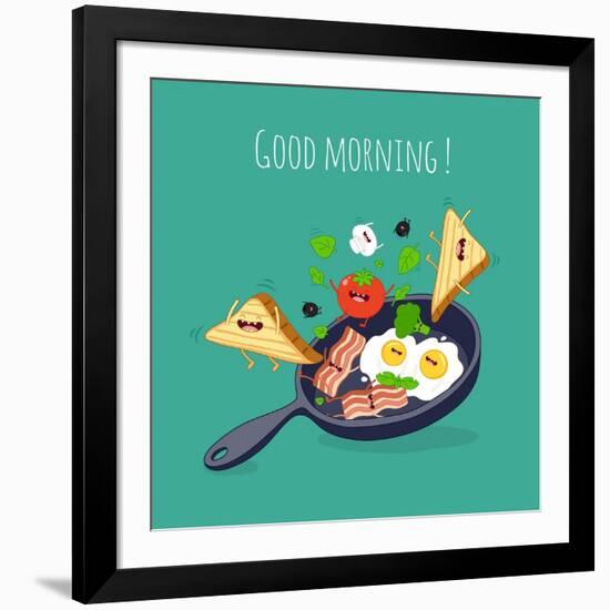 Breakfast Poster. Fried Eggs with Bacon on a Blue Pan. Vector Illustration-Serbinka-Framed Art Print