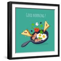 Breakfast Poster. Fried Eggs with Bacon on a Blue Pan. Vector Illustration-Serbinka-Framed Art Print