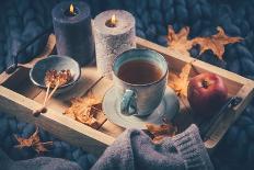 Autumn Mood Concept. Warm, Cozy and Rustic Still Life with Cup of Tea, Candle and Pumpkins.-brebca-Photographic Print