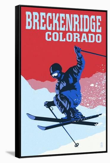 Breckenridge, Colorado - Colorblocked Skier-Lantern Press-Framed Stretched Canvas