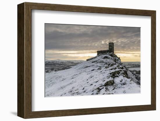 Brentor Church on a snowy outcrop on a winter morning, Dartmoor, Devon, England-Adam Burton-Framed Photographic Print