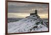 Brentor Church on a snowy outcrop on a winter morning, Dartmoor, Devon, England-Adam Burton-Framed Photographic Print