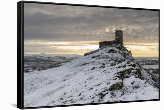 Brentor Church on a snowy outcrop on a winter morning, Dartmoor, Devon, England-Adam Burton-Framed Stretched Canvas