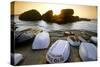 Bretagne, Sea, Rocks and Boats on the Beach at Ploumanach-Marcel Malherbe-Stretched Canvas