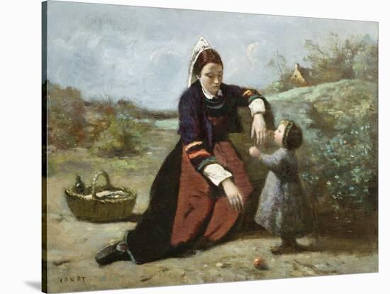 Breton Woman and Her Little Girl, 1855-65-Jean-Baptiste-Camille Corot-Stretched Canvas