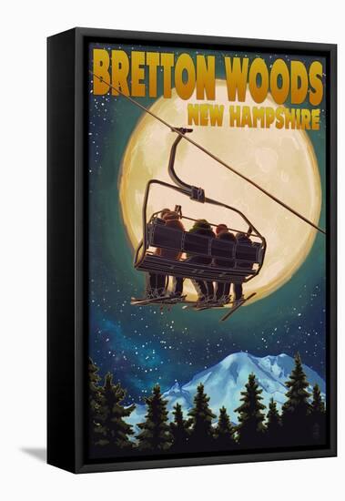 Bretton Woods, NH - Ski Lift and Full Moon-Lantern Press-Framed Stretched Canvas