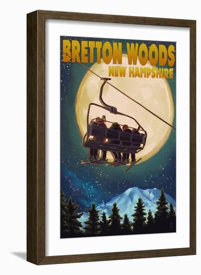 Bretton Woods, NH - Ski Lift and Full Moon-Lantern Press-Framed Art Print