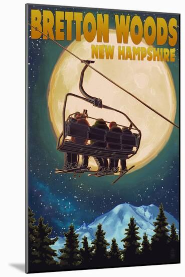 Bretton Woods, NH - Ski Lift and Full Moon-Lantern Press-Mounted Art Print