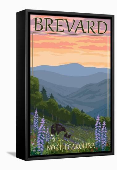 Brevard, North Carolina - Spring Flowers and Bear Family-Lantern Press-Framed Stretched Canvas