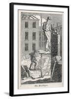 Bricklayer Standing on a Rather Precarious Looking Scaffold, His Assistant Mixes Mortar Behind Him-null-Framed Photographic Print