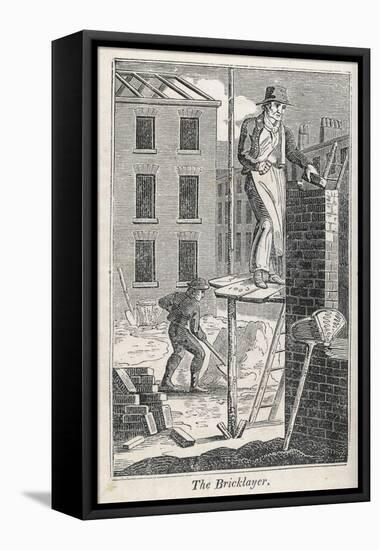 Bricklayer Standing on a Rather Precarious Looking Scaffold, His Assistant Mixes Mortar Behind Him-null-Framed Stretched Canvas
