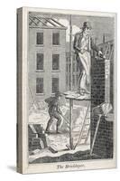 Bricklayer Standing on a Rather Precarious Looking Scaffold, His Assistant Mixes Mortar Behind Him-null-Stretched Canvas