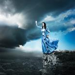 Woman in Turquoise Dress with Fabric at Sea-brickrena-Photographic Print