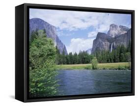 Bridalveil Falls (620 Feet) and the Merced River, Yosemite National Park, California USA-David Kjaer-Framed Stretched Canvas